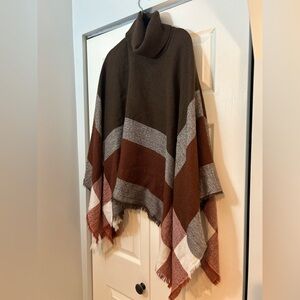 Boho Colorblock Turtleneck Poncho Shawl Ellie Kate Fringe Wrap